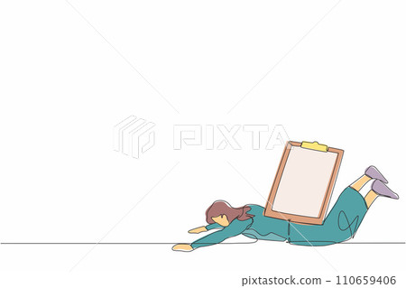 Single continuous line drawing unhappy businesswoman under heavy clipboard burden. Multitasking, productivity and time management problem. Deadline checklist. One line draw design vector illustration 110659406