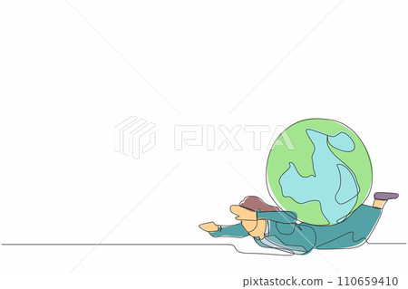 Single one line drawing unhappy businesswoman under heavy globe burden. Natural resources, earth exploitation, industrial pollution. World economic crisis. Continuous line design vector illustration 110659410