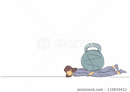 Continuous one line drawing unhappy businesswoman under heavy kettlebell burden. Tension, heaviness in business life. Overwork, stress, time management. Single line graphic design vector illustration Continuous one line drawing unhappy businesswoman under heavy kettlebell burden. Tension, heaviness in business life. Overwork, stress, time management. Single line graphic design vector illustration 110659412