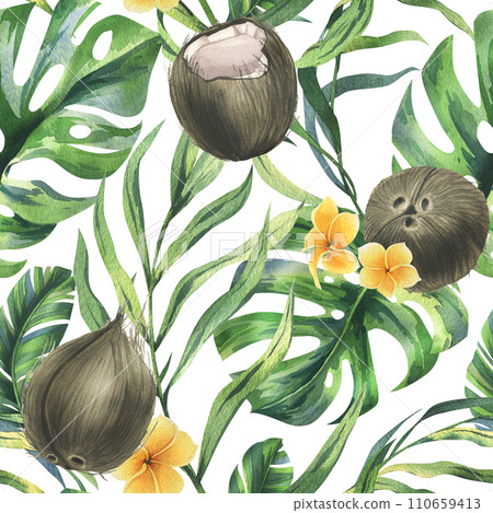 Coconuts whole, halves and pieces with bright, green, tropical palm leaves and yellow plumeria flowers. Hand drawn watercolor illustration. Seamless pattern on a white background. Coconuts whole, halves and pieces with bright, green, tropical palm leaves and yellow plumeria flowers. Hand drawn watercolor illustration. Seamless pattern on a white background. 110659413