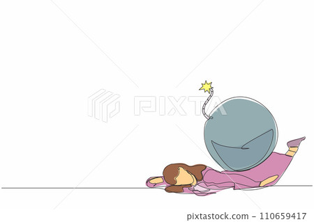 Single one line drawing unhappy businesswoman under heavy bomb burden. Entrepreneur stress due to debt explosion. World economic crisis problem. Continuous line draw design vector graphic illustration Single one line drawing unhappy businesswoman under heavy bomb burden. Entrepreneur stress due to debt explosion. World economic crisis problem. Continuous line draw design vector graphic illustration 110659417