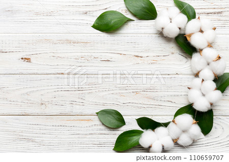 Autumn Floral Flat lay background composition. Dried white fluffy cotton flower branchwith green leaf top view on colored table with copy space 110659707