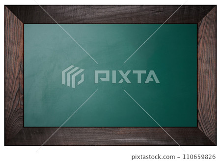 Blank green chalk board in brown frame on isolated background 110659826