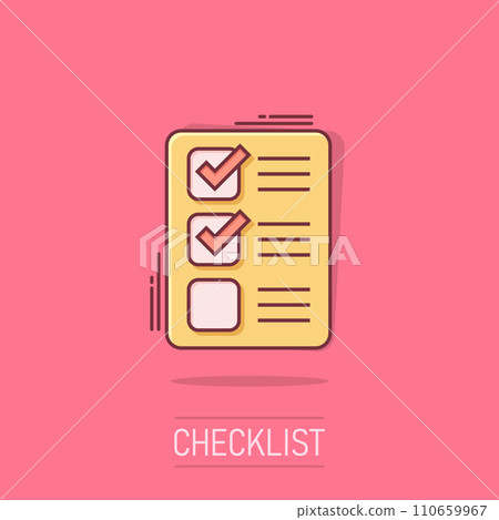 Checklist document sign icon in comic style. Survey vector cartoon illustration on white isolated background. Check mark banner business concept splash effect. 110659967