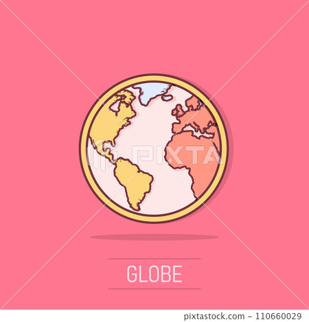 Vector cartoon globe world map icon in comic style. Round earth illustration pictogram. Planet business splash effect concept. Vector cartoon globe world map icon in comic style. Round earth illustration pictogram. Planet business splash effect concept. 110660029