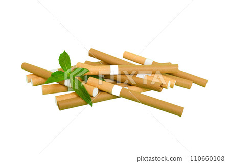 Menthol cigarettes and fresh mint leaves on colored background, Many cigarettes stacked together top view flat lay Menthol cigarettes and fresh mint leaves on colored background, Many cigarettes stacked together top view flat lay 110660108