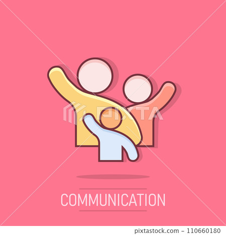 Family greeting with hand up icon in comic style. Person gesture vector cartoon illustration pictogram. People leader business concept splash effect. 110660180