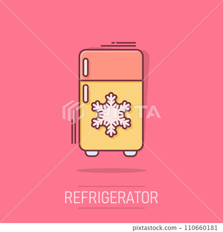 Fridge refrigerator icon in comic style. Freezer container vector cartoon illustration pictogram. Fridge business concept splash effect. 110660181