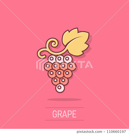 Grape fruits sign icon in comic style. Grapevine vector cartoon illustration on white isolated background. Wine grapes business concept splash effect. 110660197