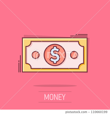 Dollar currency banknote icon in comic style. Dollar cash vector cartoon illustration pictogram. Banknote bill business concept splash effect. Dollar currency banknote icon in comic style. Dollar cash vector cartoon illustration pictogram. Banknote bill business concept splash effect. 110660199