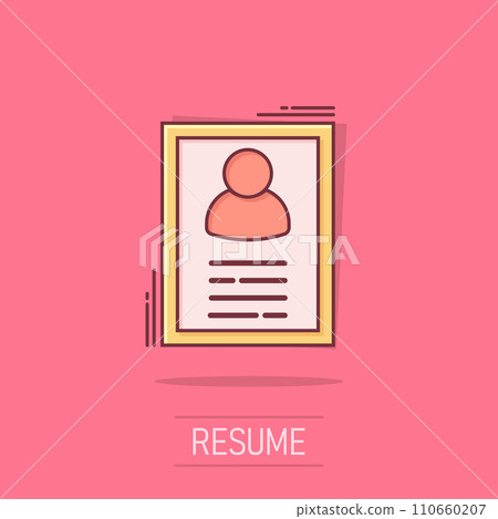 Resume icon in comic style. Contract document vector cartoon illustration pictogram. Resume business concept splash effect. 110660207