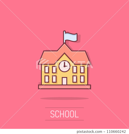 School building icon in comic style. College education vector cartoon illustration pictogram. Bank, government business concept splash effect. 110660242