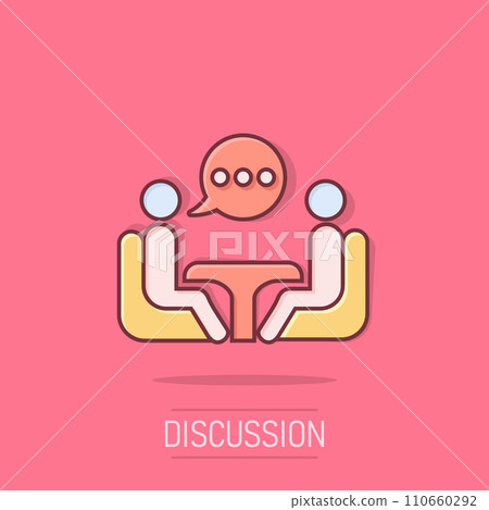 Business consulting icon in comic style. Two people with table vector cartoon illustration on white isolated background. Restaurant dialog business concept splash effect. Business consulting icon in comic style. Two people with table vector cartoon illustration on white isolated background. Restaurant dialog business concept splash effect. 110660292