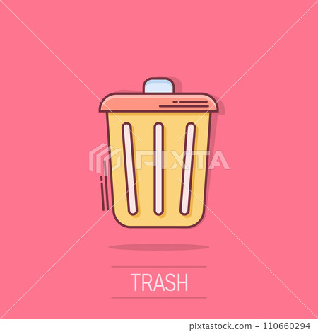 Trash bin garbage icon in comic style. Trash bucket vector cartoon illustration pictogram. Garbage basket business concept splash effect. Trash bin garbage icon in comic style. Trash bucket vector cartoon illustration pictogram. Garbage basket business concept splash effect. 110660294