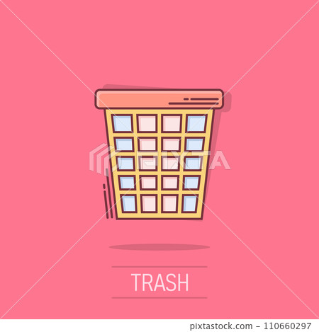 Trash bin garbage icon in comic style. Trash bucket vector cartoon illustration pictogram. Garbage basket business concept splash effect. Trash bin garbage icon in comic style. Trash bucket vector cartoon illustration pictogram. Garbage basket business concept splash effect. 110660297