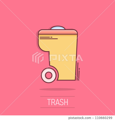 Trash bin garbage icon in comic style. Trash bucket vector cartoon illustration pictogram. Garbage basket business concept splash effect. 110660299