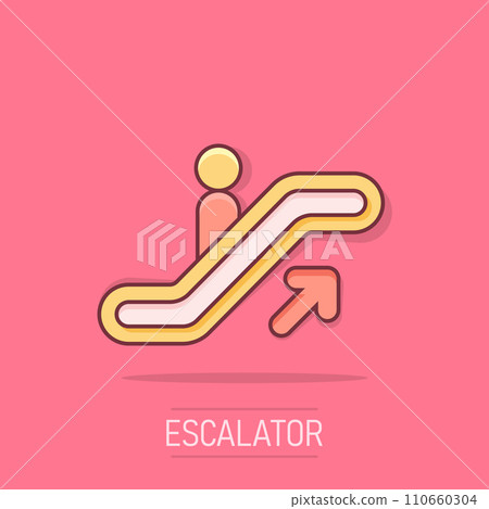 Vector cartoon escalator elevator icon in comic style. Escalator sign illustration pictogram. Elevator business splash effect concept. 110660304