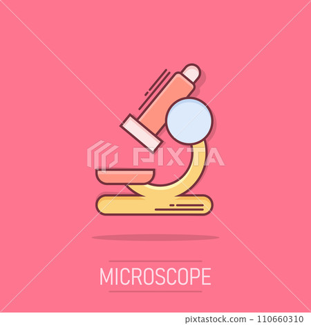Vector cartoon microscope lab icon in comic style. Microscope sign illustration pictogram. Chemistry discovery business splash effect concept. 110660310