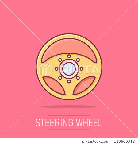 Vector cartoon steering wheel icon in comic style. Rudder wheel sign illustration pictogram. Steering business splash effect concept. Vector cartoon steering wheel icon in comic style. Rudder wheel sign illustration pictogram. Steering business splash effect concept. 110660318