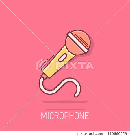 Microphone icon in comic style. Mic broadcast vector cartoon illustration pictogram. Microphone mike speech business concept splash effect. Microphone icon in comic style. Mic broadcast vector cartoon illustration pictogram. Microphone mike speech business concept splash effect. 110660359