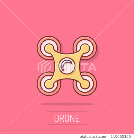 Drone quadrocopter icon in comic style. Quadcopter camera vector cartoon illustration on white isolated background. Helicopter flight business concept splash effect. 110660360