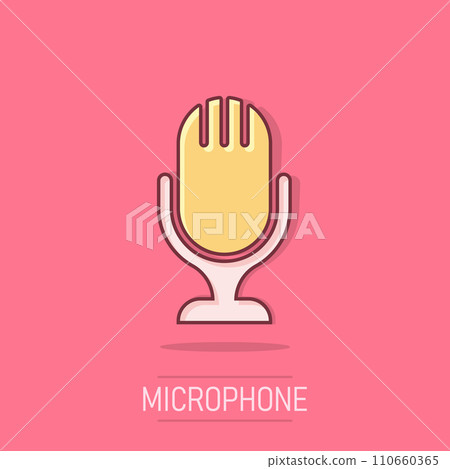 Microphone icon in comic style. Mic broadcast vector cartoon illustration pictogram. Microphone mike speech business concept splash effect. 110660365