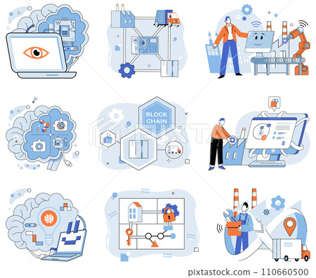 Industry 4 vector illustration. The internet things IoT weaves tapestry information in fabric digital evolution In cybernetic ballet, artificial intelligence pirouettes through corridors innovation Industry 4 vector illustration. The internet things IoT weaves tapestry information in fabric digital evolution In cybernetic ballet, artificial intelligence pirouettes through corridors innovation 110660500