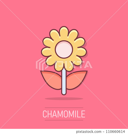 Vector cartoon chamomile flower icon in comic style. Daisy concept illustration pictogram. Camomile business splash effect concept. 110660614