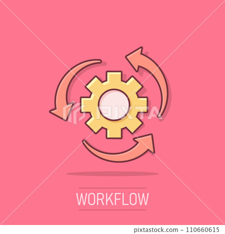 Workflow process icon in comic style. Gear cog wheel with arrows vector cartoon illustration pictogram. Workflow business concept splash effect. 110660615