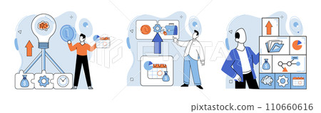 Business development. Vector illustration. Banking technology streamlines financial transactions for convenience Marketing strategies adapt to evolving consumer preferences Strong management resolves 110660616