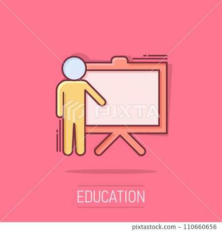 Training education icon in comic style. People seminar vector cartoon illustration pictogram. School classroom lesson business concept splash effect. Training education icon in comic style. People seminar vector cartoon illustration pictogram. School classroom lesson business concept splash effect. 110660656