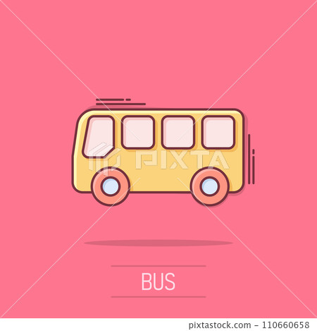 School bus icon in comic style. Autobus vector cartoon illustration on white isolated background. Coach transport business concept splash effect. 110660658
