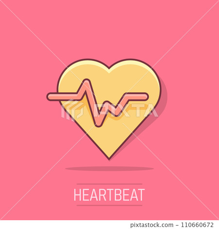 Vector cartoon heartbeat line with heart icon in comic style. Heartbeat concept illustration pictogram. Heart rhythm business splash effect concept. 110660672