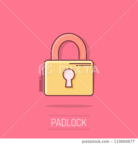 Vector cartoon padlock icon in comic style. Lock, unlock security concept illustration pictogram. Padlock business splash effect concept. 110660677