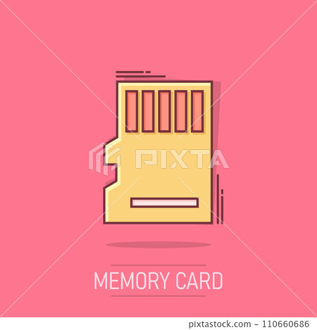 Micro SD card icon in comic style. Memory chip vector cartoon illustration on white isolated background. Storage adapter business concept splash effect. 110660686