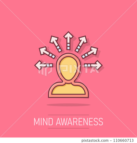 Mind awareness icon in comic style. Idea human vector cartoon illustration on white isolated background. Customer brain business concept splash effect. 110660713