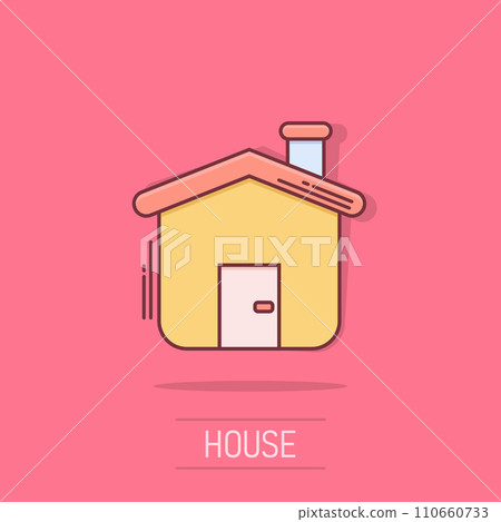 House building icon in comic style. Home apartment vector cartoon illustration pictogram. House dwelling business concept splash effect. 110660733