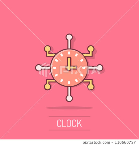 Real time icon in comic style. Clock vector cartoon illustration on white isolated background. Watch business concept splash effect. 110660757