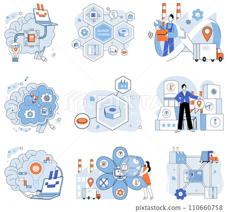Industry 4 vector illustration. Autonomous systems, guided by hand technology, shape landscape Industry 4.0 Cloud computing is silent conductor orchestrating harmonious chords industry 4 Industry 4 vector illustration. Autonomous systems, guided by hand technology, shape landscape Industry 4.0 Cloud computing is silent conductor orchestrating harmonious chords industry 4 110660758