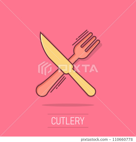 Fork and knife restaurant icon in comic style. Dinner equipment vector cartoon illustration pictogram. Restaurant business concept splash effect. Fork and knife restaurant icon in comic style. Dinner equipment vector cartoon illustration pictogram. Restaurant business concept splash effect. 110660778