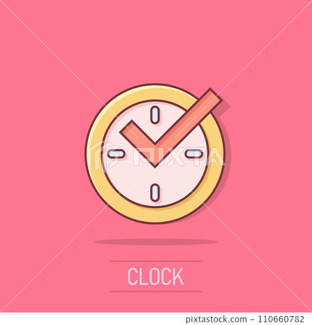Real time icon in comic style. Clock vector cartoon illustration on white isolated background. Watch business concept splash effect. Real time icon in comic style. Clock vector cartoon illustration on white isolated background. Watch business concept splash effect. 110660782