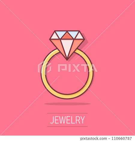 Vector cartoon engagement ring with diamond icon in comic style. Wedding jewelery ring illustration pictogram. Romance relationship business splash effect concept. Vector cartoon engagement ring with diamond icon in comic style. Wedding jewelery ring illustration pictogram. Romance relationship business splash effect concept. 110660787