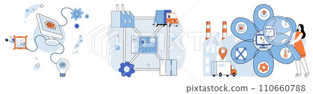 Industry 4 vector illustration. The internet things IoT weaves tapestry information in fabric digital evolution In cybernetic ballet, artificial intelligence pirouettes through corridors innovation 110660788