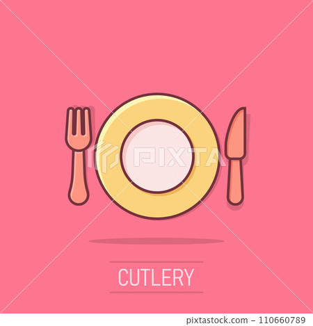 Fork and knife restaurant icon in comic style. Dinner equipment vector cartoon illustration pictogram. Restaurant business concept splash effect. 110660789