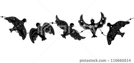 Garland with black hand drawn dove silhouettes decorated with white ornament and floral arrangement. Birds drawing in boho style. Vector illustration Garland with black hand drawn dove silhouettes decorated with white ornament and floral arrangement. Birds drawing in boho style. Vector illustration 110660814