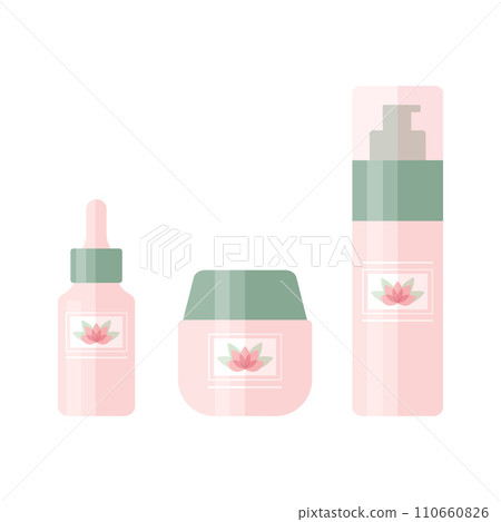Set of cosmetic products like cleansing foam, face serum and cream. Bottles for a skin care decorated with lotus flower logo. Vector illustration 110660826