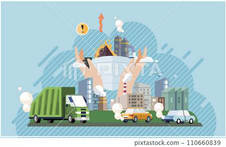 Industrial pollution. Dirty waste. Environmental pollution. Vector illustration. Smokes with smog are causing respiratory problems in population Trash emission has reached all-time high in recent 110660839