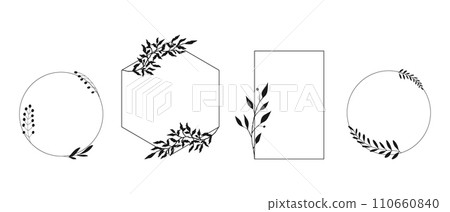 Set of elegant templates with hand drawn botanical elements. Different geometric shaped frames with plants. Vector illustration Set of elegant templates with hand drawn botanical elements. Different geometric shaped frames with plants. Vector illustration 110660840