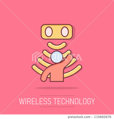 Motion sensor icon in comic style. Sensor waves with man vector cartoon illustration pictogram. People security connection business concept splash effect. Motion sensor icon in comic style. Sensor waves with man vector cartoon illustration pictogram. People security connection business concept splash effect. 110660876