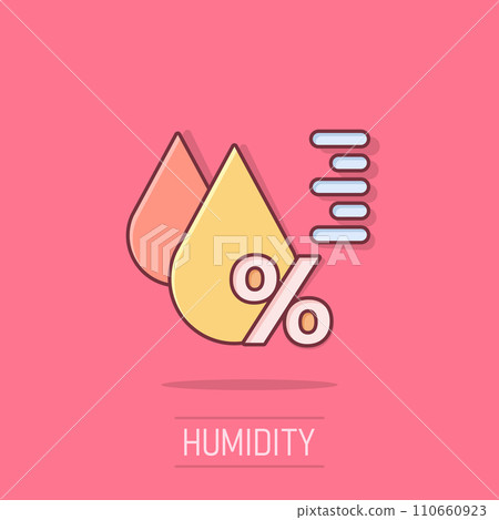 Humidity icon in comic style. Climate vector cartoon illustration on white isolated background. Temperature forecast business concept splash effect. Humidity icon in comic style. Climate vector cartoon illustration on white isolated background. Temperature forecast business concept splash effect. 110660923